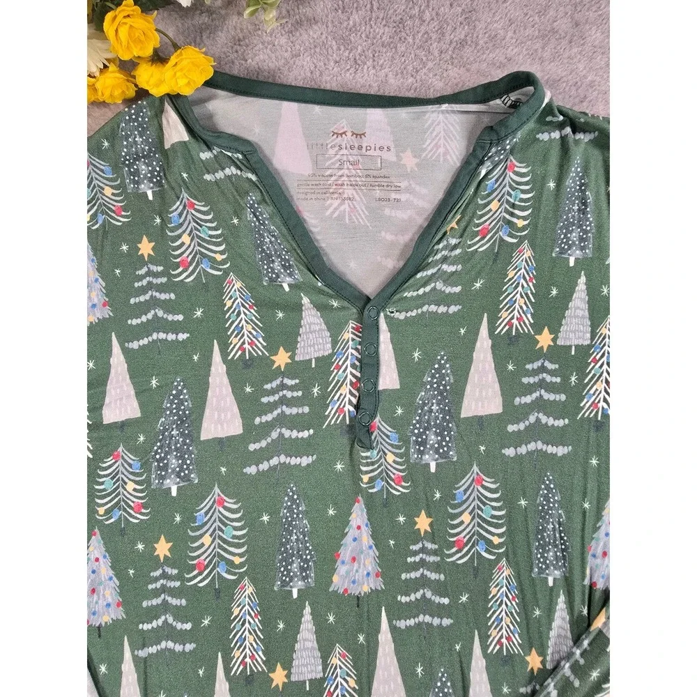 Little Sleepies Pajama Set Womens S/XS Green Christmas Trees Bamboo Lounge PJs